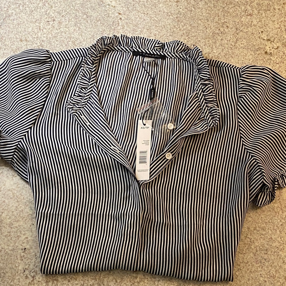 T Tahari Black and White Striped Blouse